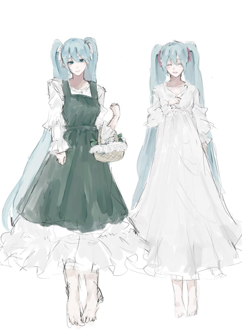 1girl ^_^ aqua_eyes aqua_hair barefoot basket blouse bouquet breasts closed_eyes collarbone commentary dress dual_persona eve_moonlit evillious_nendaiki flower frilled_cuffs frilled_dress frilled_sleeves frills green_dress hair_ribbon hand_on_own_chest hatsune_miku head_tilt highres holding holding_basket holding_bouquet light_blush long_dress long_hair long_sleeves looking_at_viewer ma_(nth6nd8yrg32528) ma_keikaku_(vocaloid) moonlit_bear_(vocaloid) open_mouth pale_skin petticoat pinafore_dress pink_ribbon ribbon rose shirt sleeveless sleeveless_dress small_breasts smile very_long_hair vocaloid white_dress white_flower white_ribbon white_rose white_shirt