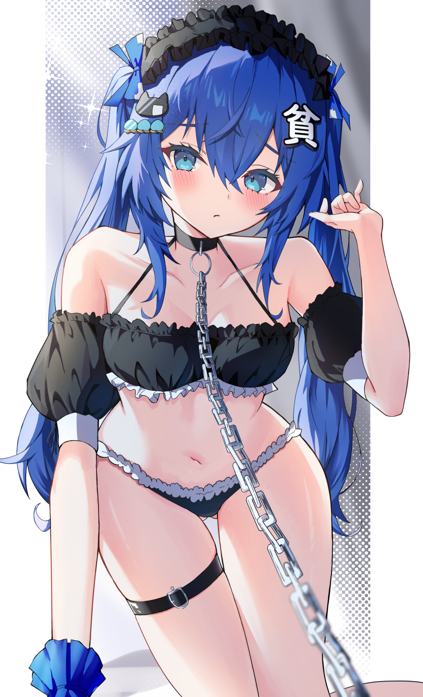 1girl absurdres alternate_costume alternate_hairstyle bikini black_bikini black_choker black_hairband black_sleeves blue_eyes blue_hair blush breasts cat_hair_ornament chain chain_leash choker closed_mouth commentary_request detached_sleeves feet_out_of_frame frilled_bikini frilled_hairband frills hair_between_eyes hair_ornament hairband hand_up highres kaminose_(user_veum4325) kanji_hair_ornament leash long_bangs long_hair looking_at_viewer navel puffy_detached_sleeves puffy_sleeves sidelocks small_breasts solo swimsuit thigh_strap touhou twintails very_long_hair viewer_holding_leash yorigami_shion