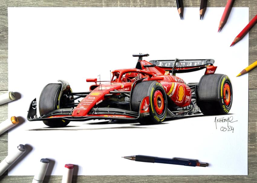 1boy amazon_(company) anthony-c art_tools_in_frame artist_name car charles_leclerc colored_pencil colored_pencil_(medium) commentary english_commentary ferrari formula_one formula_racer helmet highres marker marker_(medium) mechanical_pencil motor_vehicle pencil photo_(medium) puma_(brand) race_vehicle racecar real_life red_car red_helmet shadow shell_(company) spoiler_(automobile) traditional_media vehicle_focus white_background