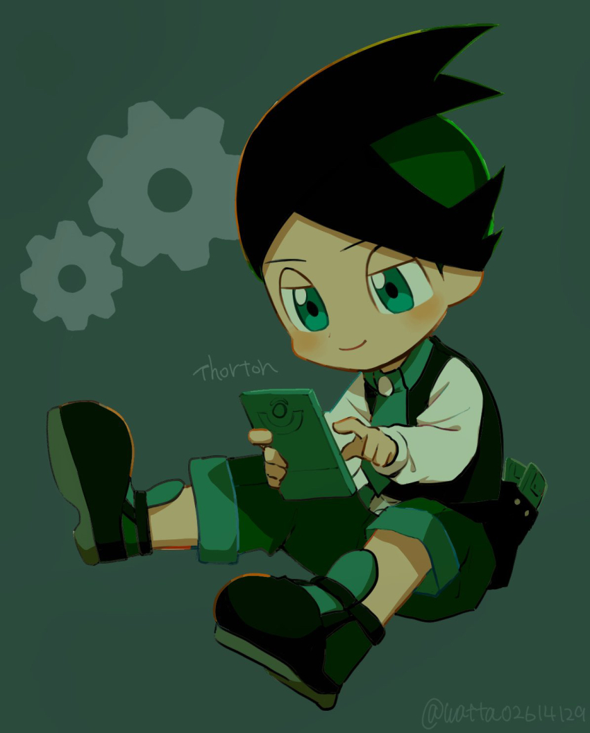 1boy black_hair black_pants black_shoes black_vest character_name chibi closed_mouth commentary_request green_background green_eyes green_necktie highres holding long_sleeves male_focus necktie nintendo pants pokemon pokemon_dppt pokemon_platinum shirt shoes short_hair sitting smile solo thorton_(pokemon) vest watta02614129 white_shirt