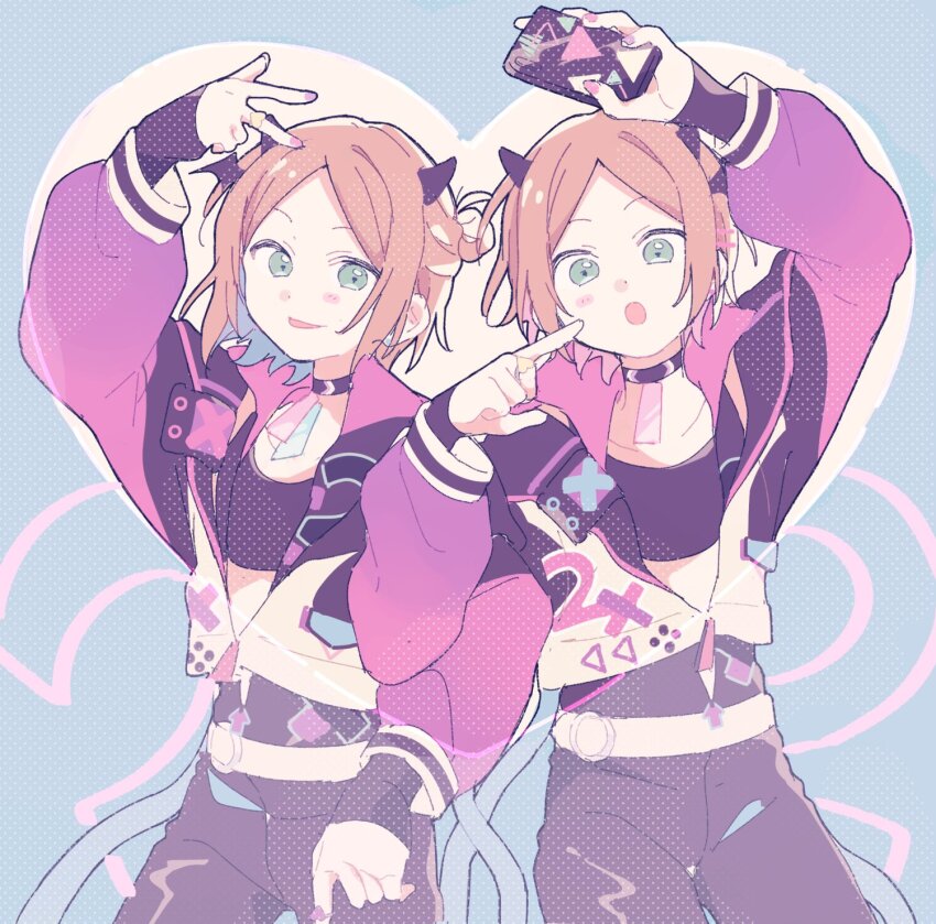 2wink_(ensemble_stars!) 2x2_(ensemble_stars!) :o :p aoi_hinata aoi_yuta arm_up belt choker cowboy_shot crop_top cropped_jacket demon_horns ensemble_stars! finger_to_cheek green_eyes hair_bun hair_ornament hairclip half_updo heart highres holding holding_phone horns idol jewelry medium_hair nail_polish orange_hair ornate_phone_case parted_bangs pastel_colors phone popped_collar ring satsuki_(s_tuki27) short_hair siblings strap tongue tongue_out twins v