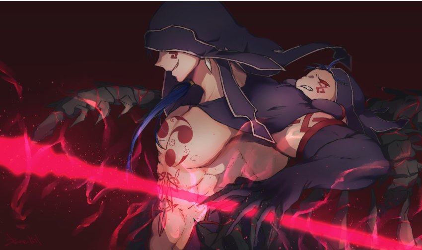 2boys black_gloves blue_hair chest_tattoo chibi covered_eyes cu_chulainn_(fate) cu_chulainn_(fate/stay_night) cu_chulainn_alter_(fate) cu_chulainn_alter_(fate/grand_order) detached_hood earrings elbow_gloves facial_mark fate/grand_order fate_(series) gae_bolg_(fate) gloves grin hair_over_shoulder hair_strand highres jewelry long_hair looking_away male_focus mini_cu-chan_(fate) mitsudomoe_(shape) monster_boy multiple_boys muscular muscular_male profile red_background red_eyes signature simple_background smile spiked_tail tail tattoo tomoe_(symbol) upper_body yukota_2631