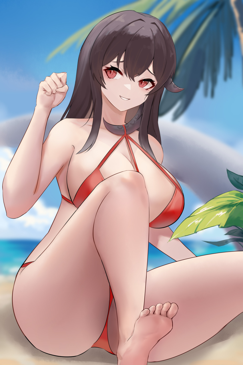 1girl absurdres azur_lane bare_shoulders barefoot beach bikini blue_sky blurry blurry_background breasts brown_hair cleavage commentary_request day facing_viewer foot_out_of_frame highres large_breasts long_hair looking_to_the_side obniermarbiss ocean official_alternate_costume outdoors palm_tree red_bikini red_eyes royal_fortune_(azur_lane) royal_fortune_(eyes_on_the_prize)_(azur_lane) sand sitting sky solo suction_cups summer swimsuit tentacle_hair tree water