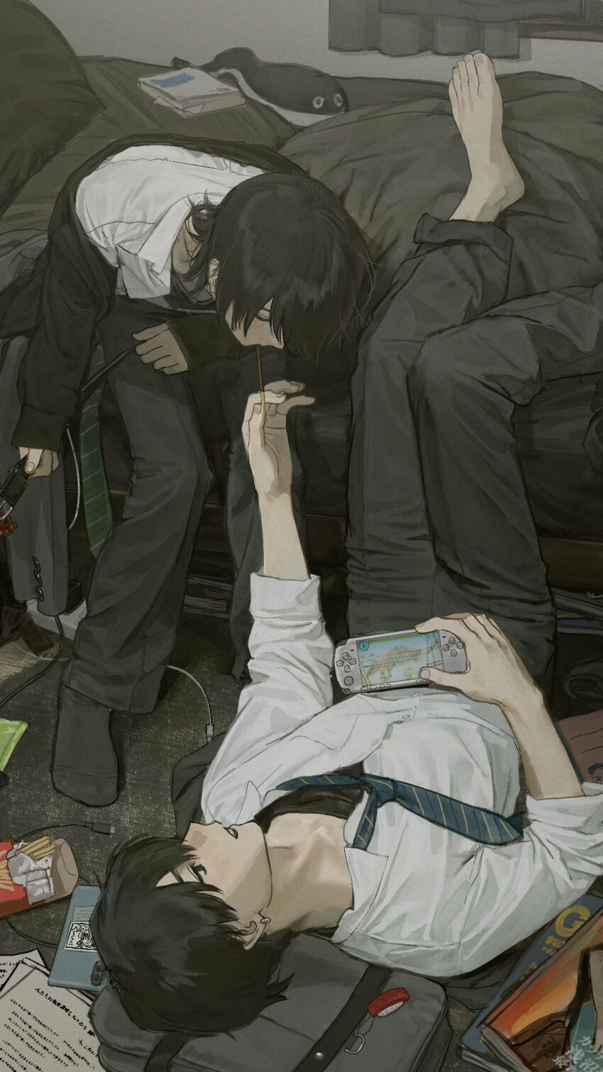 2boys belt black_eyes black_hair black_necktie collared_shirt controller double-parted_bangs full_body game_controller handheld_game_console hands_up highres hirota_tsuu holding holding_controller holding_game_controller lying male_focus medium_hair multiple_boys necktie on_back open_mouth original pillow playstation_portable shirt short_hair sitting white_shirt