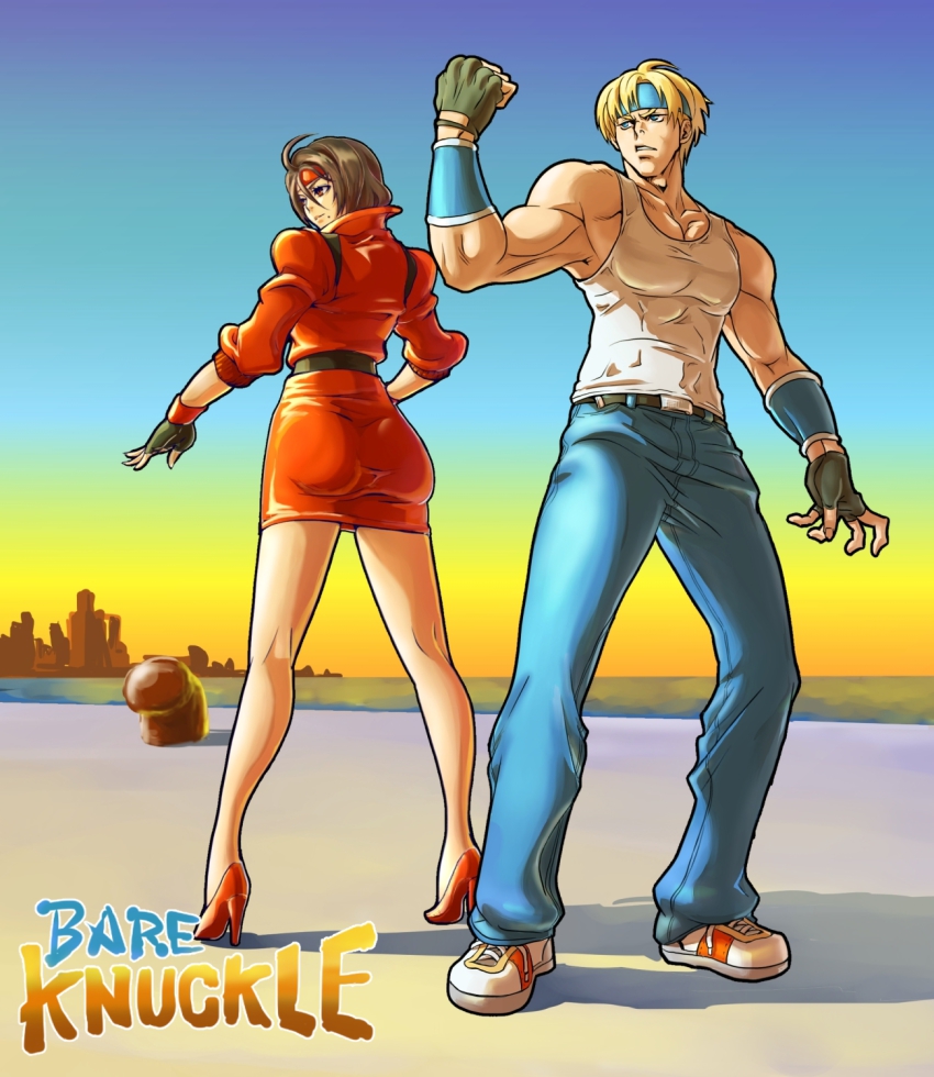 1boy 1girl abs alternate_costume alternate_hair_length alternate_hairstyle armpits ass axel_stone back-to-back bad_deviantart_id bad_id bare_legs blaze_fielding blonde_hair blue_eyes brown_eyes brown_hair commentary_request denim dock fingerless_gloves full_body gloves headband high_heels highres jacket jeans kamiomutsu legs miniskirt mole muscular muscular_male pants pectoral_cleavage pectorals red_jacket sega shoes short_hair skirt sneakers streets_of_rage tank_top vambraces