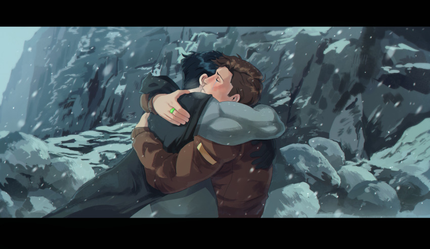 2boys absurdres bara batman batman_(series) black_cape black_gloves black_hair bodysuit brown_hair brown_jacket bruce_wayne cape closed_eyes closed_mouth couple crying day dc_comics gloves green_lantern_(series) grey_bodysuit hal_jordan haljordanmylove highres hug jacket jewelry male_focus multiple_boys muscular muscular_male outdoors ring short_hair snowing streaming_tears tears yaoi