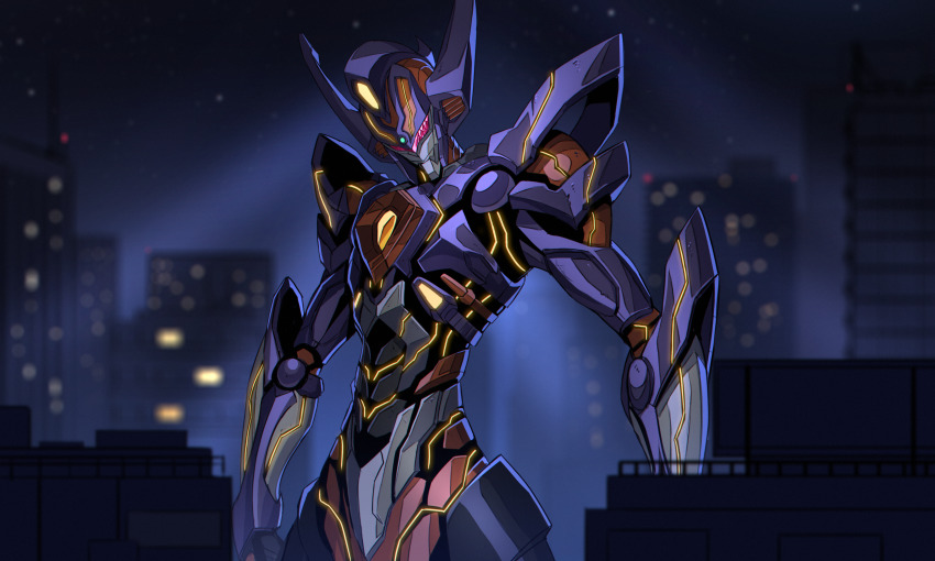 3ok absurdres blurry blurry_background city gridknight_(ssss.gridman) gridman_universe head_tilt highres huge_filesize looking_down mecha night no_humans robot science_fiction solo ssss.dynazenon visor