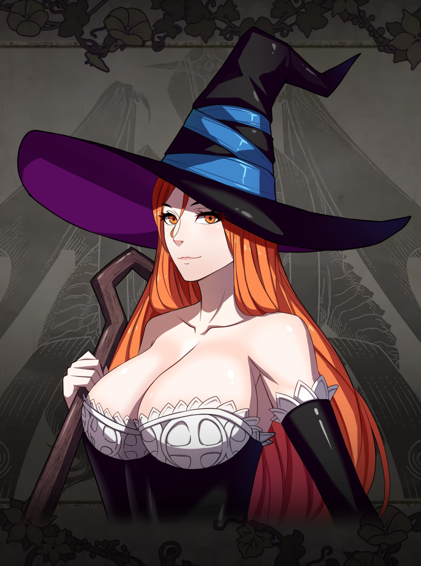 1girl bare_shoulders breasts cleavage collarbone detached_sleeves dragon&#039;s_crown hat large_breasts long_hair looking_at_viewer orange_eyes orange_hair solo sorceress_(dragon&#039;s_crown) staff vanillaware witch_hat