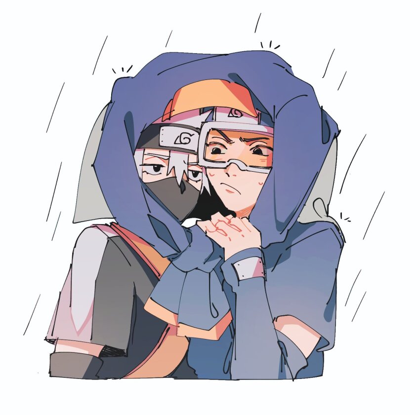 2boys aged_down blue_jacket closed_mouth forehead_protector goggles grey_hair hatake_kakashi highres jacket looking_at_another male_focus mask mouth_mask multiple_boys naruto_(series) naruto_shippuuden rain seirorath shared_clothes shared_jacket shirt short_hair short_sleeves uchiha_obito