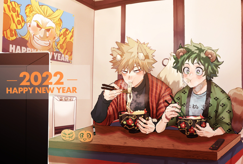 2022 all_might animal_ears animal_hands bakugou_katsuki blonde_hair blue_shirt blush boku_no_hero_academia bowl chopsticks controller eating food food_in_mouth fox_ears fox_tail freckles fruit green_eyes green_hair grin happy_new_year highres holding holding_bowl holding_chopsticks in_mouth japanese_clothes kotatsu looking_ahead looking_at_another looking_to_the_side mandarin_orange marker midoriya_izuku new_year noodles poster_(object) raccoon_ears raccoon_tail ramen rapiko red_eyes remote_control scar scar_on_hand shirt smile spiked_hair table tail teeth television tempura tiger_ears tiger_paws watching_television