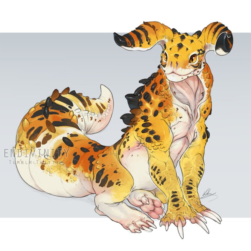 :3 alternate_form animal_focus artist_name claws commentary deathclaw endivinity english_commentary fallout fang fang_out full_body gecko grey_background highres horns large_tail looking_at_viewer monster no_humans original pawpads scales signature simple_background sitting smile solo tail two-tone_background watermark white_background yellow_eyes