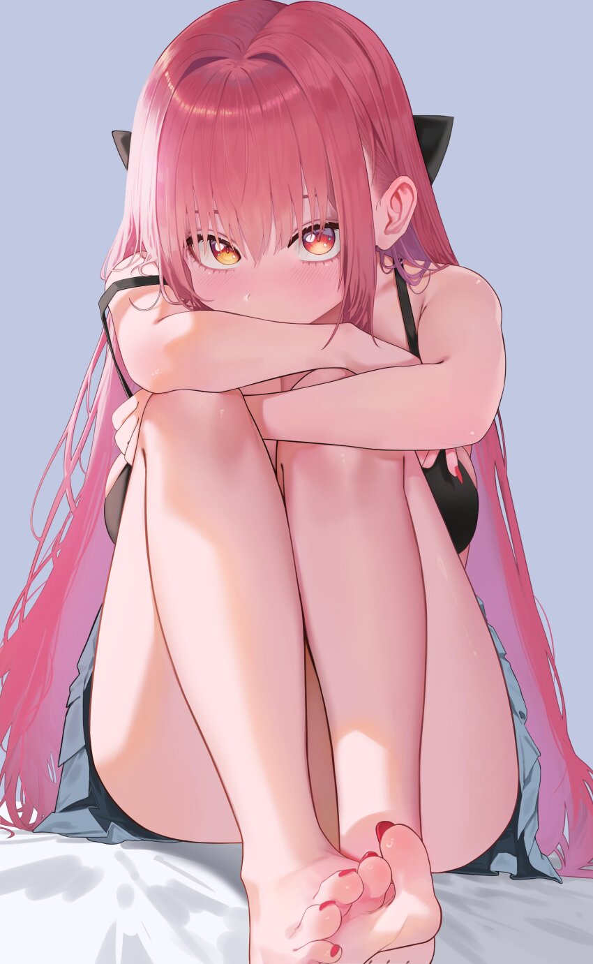 1girl absurdres bare_legs bare_shoulders barefoot black_bra blue_skirt bra convenient_leg covering_own_mouth feet grey_background hashtag-only_commentary heterochromia highres hololive houshou_marine knees_up long_hair looking_at_viewer miniskirt nail_polish pink_hair pleated_skirt reachisang red_eyes simple_background sitting skirt solo strap_slip string_bra thighs toenail_polish toenails toes underwear very_long_hair virtual_youtuber yellow_eyes