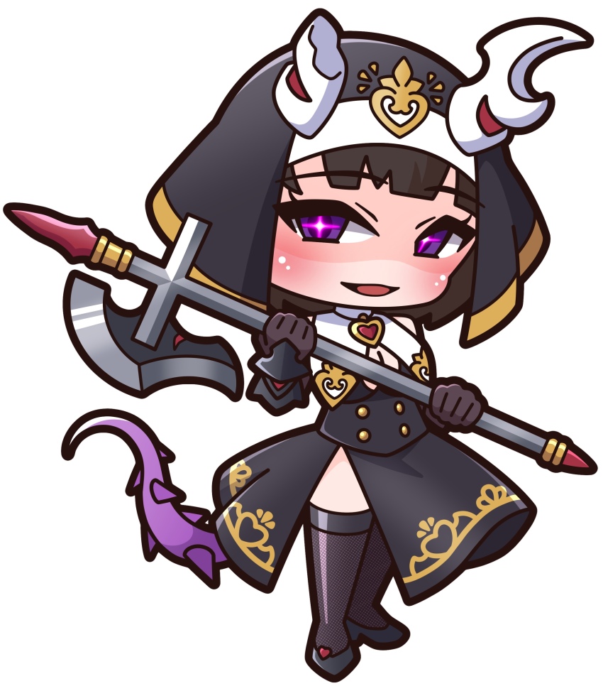 +_+ 1girl absurdres black_dress black_gloves black_shoes breasts broken_horn chibi cleavage commentary_request dress eriko_(princess_connect!) fishnet_thighhighs fishnets full_body gloves highres holding holding_weapon horns looking_at_viewer medium_breasts princess_connect! purple_eyes purple_thighhighs saishosaisekojo shoes simple_background smile solo standing tail thighhighs vambraces veil weapon white_background