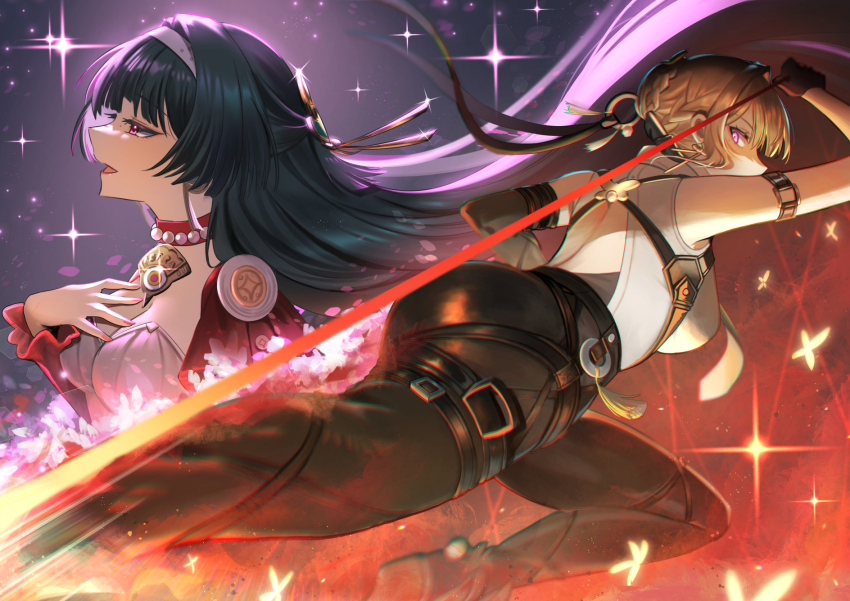 2girls astra_yao black_hair black_pants blonde_hair breasts commentary english_commentary evelyn_chevalier hairband highres jacket kuro_tsubasa long_hair looking_at_viewer medium_breasts multiple_girls open_mouth pants red_eyes red_jacket shirt short_hair white_hairband white_shirt zenless_zone_zero