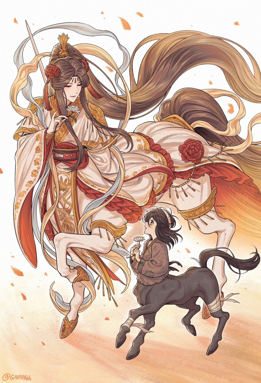 2boys absurdly_long_hair aged_down bandaged_leg bandages brown_eyes brown_hair brown_shirt centaur chinese_clothes circlet closed_eyes closed_mouth commentary dirty dirty_clothes floating_hair flower full_body gatan666 hair_between_eyes hair_flower hair_ornament hanfu headband highres holding holding_flower hooves horse_tail hua_cheng jewelry long_hair long_sleeves long_tail looking_at_another male_focus monster_boy monsterification multiple_boys multiple_legs patchwork_clothes red_flower red_rose rose shadow shirt standing_on_three_legs tail taur thighlet tianguan_cifu twitter_username very_long_hair walking white_headband wide_sleeves xie_lian xie_lian_(flower_crowned_martial_god)