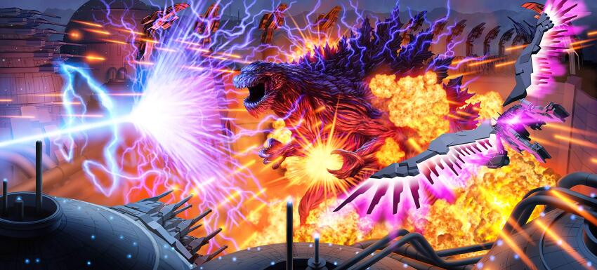 arm_cannon atomic_breath breath_weapon breathing_lightning cannon city claws cloud electricity energy energy_beam exhaust explosion fire firing flying giant giant_monster godzilla godzilla:_city_on_the_edge_of_battle godzilla_(series) godzilla_earth highres kaida_yuji kaiju magnetic_weapon mecha mechagodzilla mechagodzilla_city military monster mouth_beam muscular muscular_other nature no_humans no_pupils official_art open_mouth plasma plasma_beam polygon_pictures railgun robot spikes sunlight toho turret vulture_(godzilla) war weapon wings