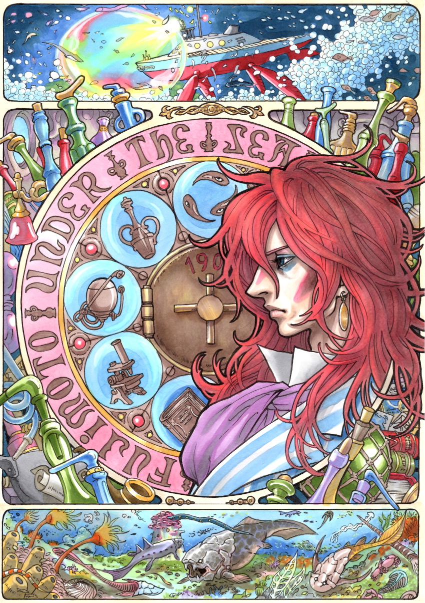 00s 1boy absurdres art_nouveau blue_eyes fish fujimoto gake_no_ue_no_ponyo highres long_hair male_focus marker_(medium) red_hair solo striped studio_ghibli takumi_(marlboro) traditional_media underwater