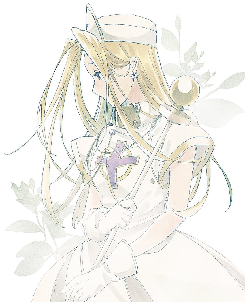 1girl blonde_hair blue_dress commentary_request cowboy_shot cross dress earrings floral_background gloves hat highres holding holding_staff jewelry long_bangs long_hair looking_to_the_side macha_(macha3635toa) mint_adenade nurse_cap parted_bangs profile short_sleeves solo staff tales_of_(series) tales_of_phantasia white_gloves