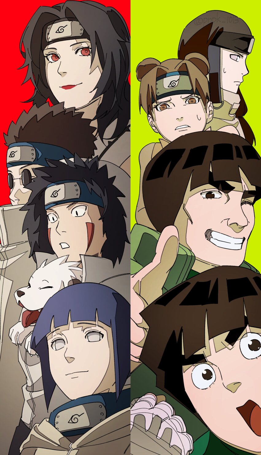 3girls 5boys absurdres aburame_shino akamaru_(naruto) bandaged_hand bandages black_hair blue_hair bowl_cut brown_eyes brown_hair byakugan coat dog double_bun facial_mark forehead_protector fur-trimmed_hood fur_trim green_background grey_jacket hair_bun highres hood hyuuga_hinata hyuuga_neji inuzuka_kiba jacket konohagakure_shinobi_uniform konohagakure_symbol long_hair marking_on_cheek might_guy multiple_boys multiple_girls naruto naruto_(series) ninja open_mouth parted_lips pnpk_1013 red_background red_eyes rock_lee simple_background smile snout sunglasses sweatdrop tenten_(naruto) thick_eyebrows thumbs_up tongue tongue_out two-tone_background white_dog yuuhi_kurenai