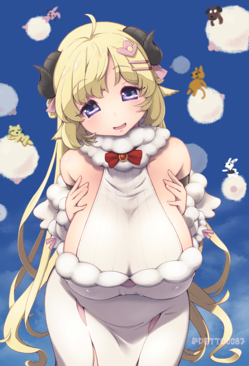 1girl :d animal_ears bare_shoulders blonde_hair breasts deto dress elbow_gloves female_focus gloves hair_ornament hairclip halter_dress halterneck highres hololive horns large_breasts long_hair looking_at_viewer open_mouth purple_eyes sheep_ears sheep_horns smile solo tsunomaki_watame virtual_youtuber wavy_hair