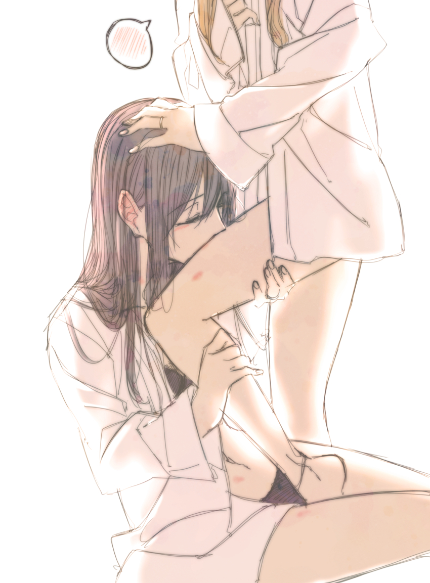 2girls aihara_mei aihara_yuzu bad_id bad_pixiv_id barefoot black_hair blonde_hair blush bottomless breasts citrus_(saburouta) collarbone couple dress_shirt ear_blush glidesloe highres kissing_leg kissing_thigh multiple_girls naked_shirt navel open_clothes open_shirt oversized_clothes oversized_shirt shirt thigh_worship yuri