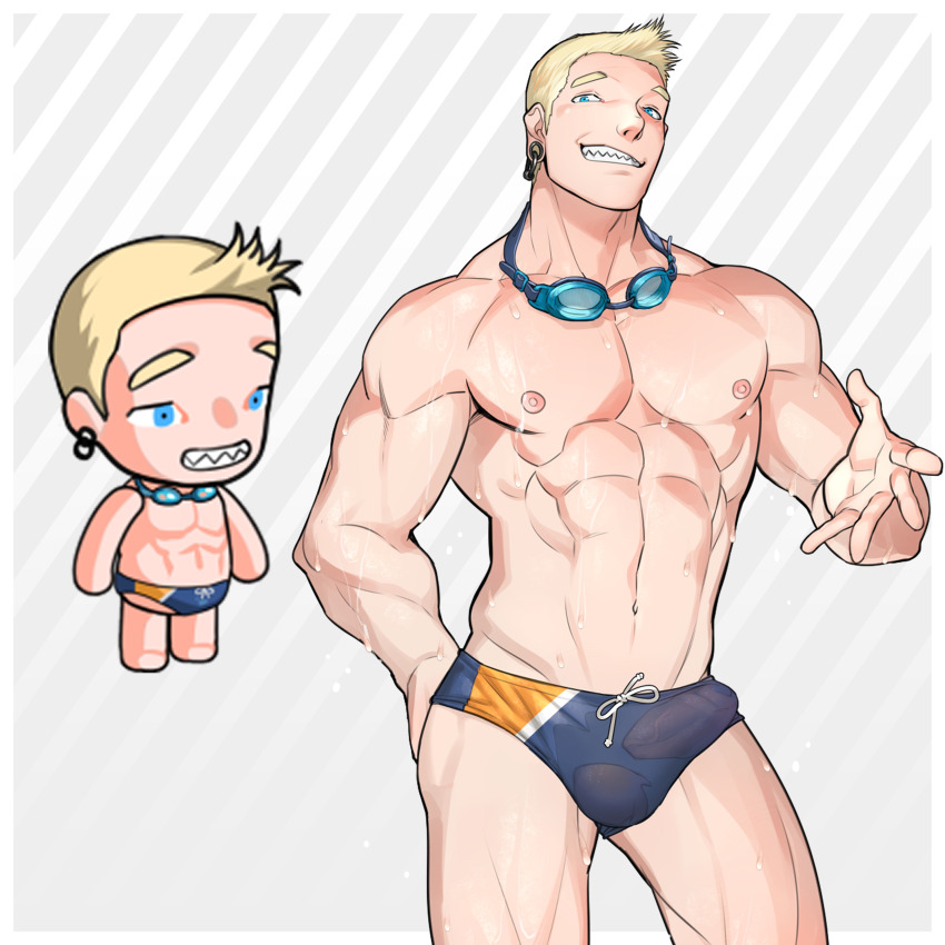 1boy abs absurdres bara blonde_hair blue_male_swimwear bulge character_request contrapposto covered_penis cowboy_shot erection erection_under_clothes ero_condo fingernails goggles goggles_around_neck highres kienbiu large_pectorals male_focus male_swimwear multicolored_male_swimwear muscular muscular_male navel nipples official_alternate_costume orange_male_swimwear outstretched_hand paid_reward_available pectorals see-through_clothes sharp_fingernails short_hair simple_background solo standing stomach swim_briefs thick_thighs thighs wet wet_male_swimwear