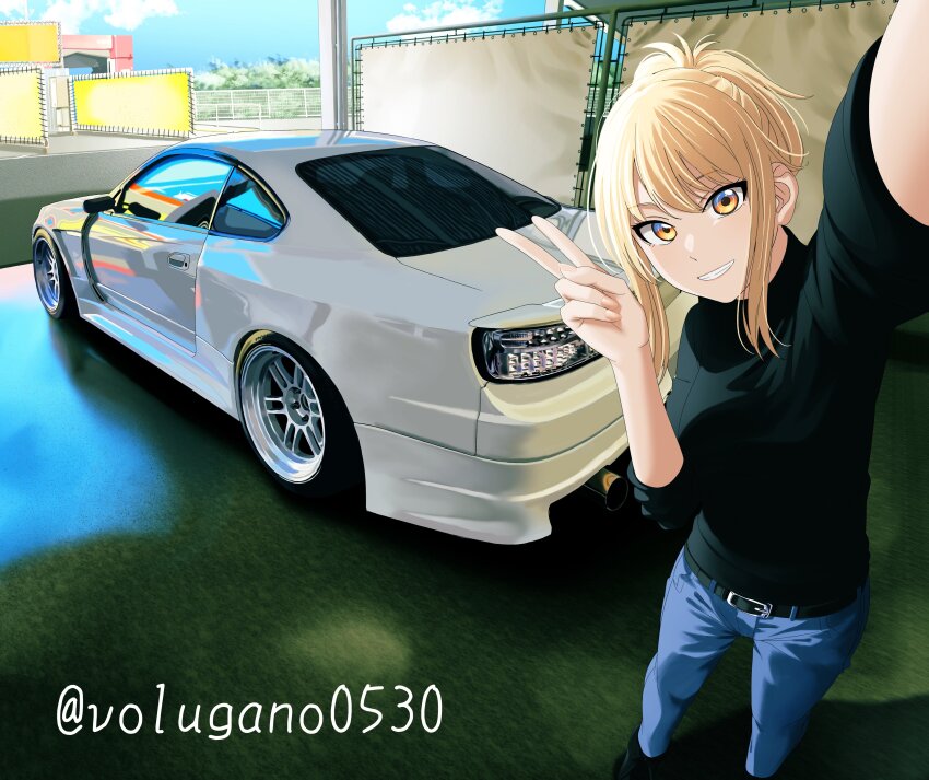 1girl absurdres black_shirt blonde_hair blue_pants blue_sky car commentary_request day foot_out_of_frame grin highres love_live! love_live!_nijigasaki_high_school_idol_club medium_hair miyashita_ai motor_vehicle nissan_silvia orange_eyes outdoors pants ponytail s_sho_mkrn selfie shirt sky three-quarter_sleeves smile solo twitter_username v white_car