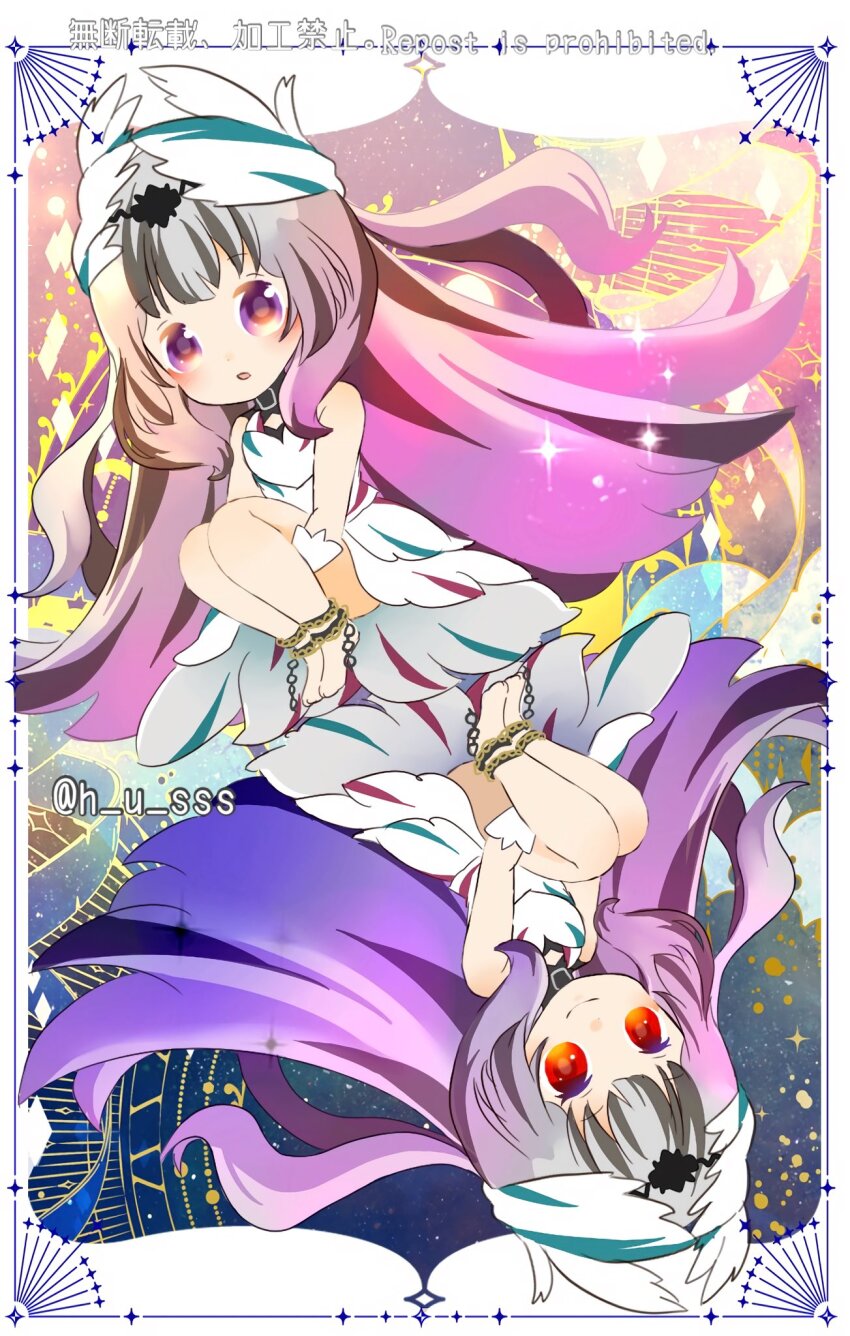 1girl black_choker black_hair chained_legs choker dark_persona fire_emblem fire_emblem_engage grey_hair h_u_sss hair_ornament highres long_hair looking_at_viewer multicolored_hair multiple_persona nintendo official_alternate_eye_color purple_eyes red_eyes split-color_hair two-tone_hair very_long_hair veyle_(fell_successor)_(fire_emblem) veyle_(fire_emblem) wavy_hair wing_hair_ornament