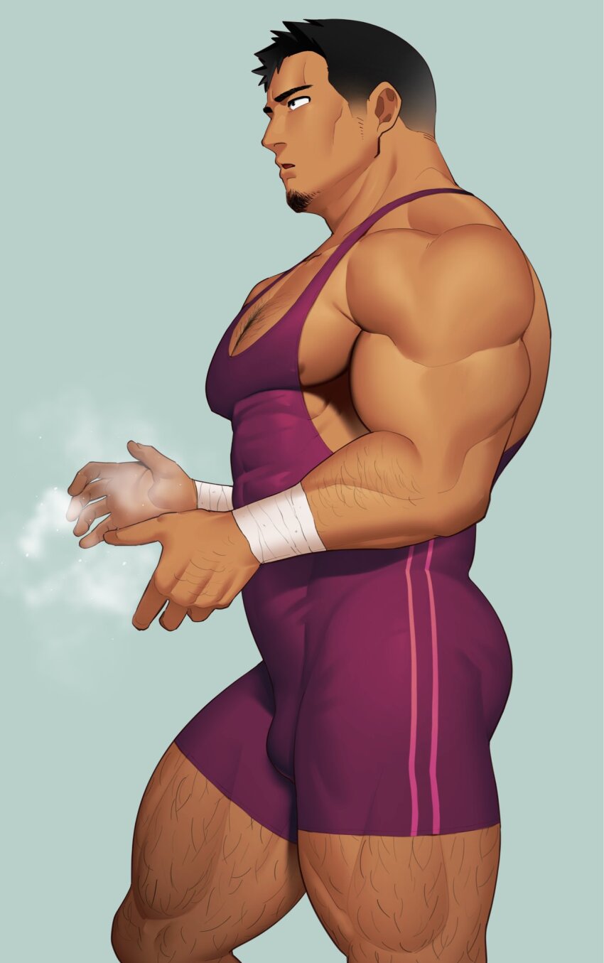 1boy areola_slip bara bulge covered_erect_nipples cowboy_shot dark-skinned_male dark_skin facial_hair facing_ahead from_side goatee hairy highres kansuke_(kansuke_717) large_pectorals male_focus mature_male muscular muscular_male nipples original pectoral_cleavage pectorals powder profile short_hair sideburns sidepec singlet sparse_arm_hair sparse_chest_hair sparse_leg_hair standing thick_eyebrows thick_thighs thighs tsurime walking