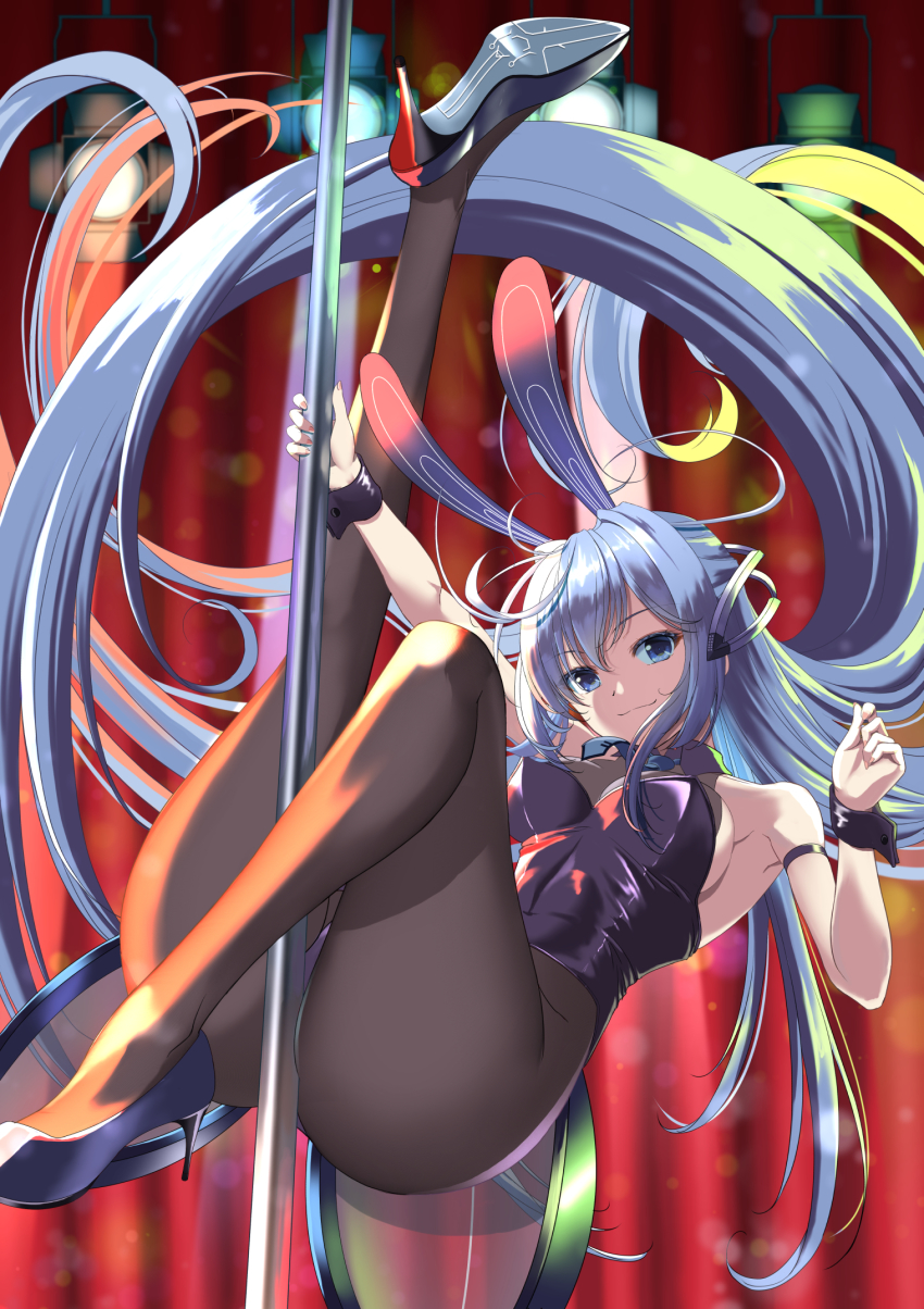 1girl absurdly_long_hair animal_ears arm_strap ass azur_lane bare_shoulders black_footwear black_pantyhose blue_eyes blue_hair blurry blurry_background bodystocking breasts detached_collar fake_animal_ears hair_spread_out high_heels highres kagura_hiromu large_breasts leotard long_hair looking_at_viewer new_jersey_(azur_lane) new_jersey_(exhilarating_steps!)_(azur_lane) official_alternate_costume oversized_breast_cup pantyhose playboy_bunny pole pole_dancing purple_leotard rabbit_ears solo stage_lights stiletto_heels strapless strapless_leotard stripper_pole very_long_hair wrist_cuffs