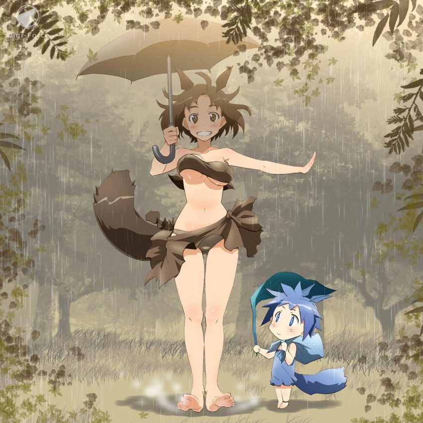 1girl ahoge animal_ears bandeau bare_shoulders barefoot blue_eyes blue_hair bob_cut bouncing_breasts breasts brown_eyes brown_hair feet genderswap genderswap_(mtf) grin highres jpeg_artifacts kimura_shigetaka leaf legs messy_hair midriff outstretched_arm panties parody personification rain sarong smile strapless tail tonari_no_totoro totoro tree tube_top umbrella underboob underwear wind wind_lift