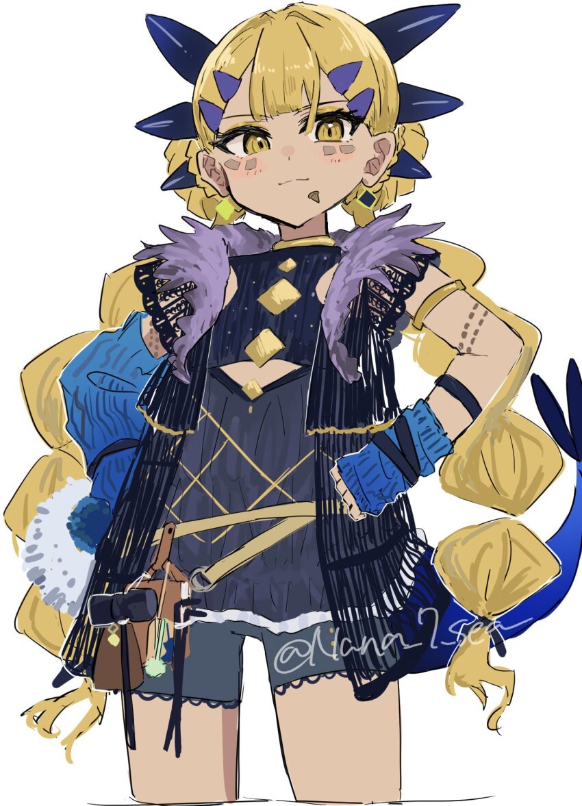 1234eabc 1girl aged_down belt black_shirt black_shorts blonde_hair blue_arm_warmers blush body_markings braid braided_twintails clothing_cutout dark-skinned_female dark_skin dragon_girl dragon_horns dragon_tail earrings facial_mark fate/grand_order fate_(series) gold_armlet hair_ornament hairclip highres horns jewelry lace-trimmed_shorts lace_trim long_hair looking_at_viewer shirt shoes shorts side_labret_piercing solo standing tail vritra_(fate) yellow_eyes
