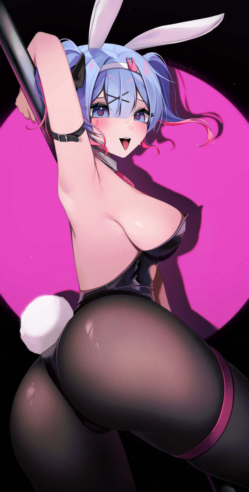 1girl absurdres animal_ears arm_up armpits ass bare_shoulders black_leotard black_pantyhose blue_eyes blue_hair blush breasts clothing_cutout commentary cutout_above_navel detached_collar fake_animal_ears hair_ornament hatsune_miku heart_cutout highres hiroside leotard looking_at_viewer medium_breasts medium_hair multicolored_hair open_mouth pantyhose playboy_bunny pole rabbit_ears rabbit_hole_(vocaloid) rabbit_tail short_twintails solo streaked_hair stripper_pole tail teardrop_facial_mark twintails vocaloid x_hair_ornament