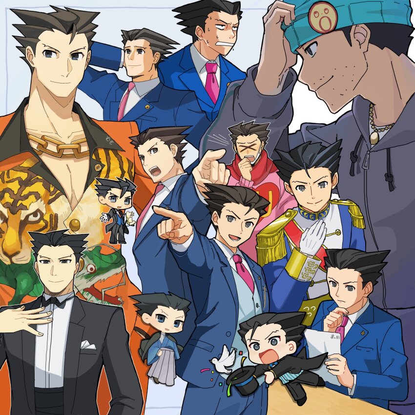 6+boys ace_attorney beanie bird black_bow black_bowtie black_footwear black_hair black_hat black_jacket black_pants blue_hat blue_jacket blue_kimono blue_pants blue_vest bouquet bow bowtie chain chain_necklace chibi chibi_inset confetti cosplay drawstring epaulettes flower flying_sweatdrops formal_clothes furio_tigre furio_tigre_(cosplay) gold_necklace grey_eyes grey_hoodie hakama hakama_skirt hand_on_own_chin hand_up hat heart heart_print high-waist_pants highres holding holding_bouquet holding_paper hood hoodie jacket jacket_on_shoulders japanese_clothes jewelry kimono lapel_pin maka_gtsb male_focus mask mouth_mask multiple_boys multiple_views necklace necktie open_clothes open_jacket open_mouth outline outstretched_arm pants paper phoenix_wright pink_sweater pointing red_necktie red_scarf scarf shirt skirt smile sparse_stubble spiked_hair striped_clothes striped_vest suit suit_jacket sweat sweater teeth vest white_outline white_shirt
