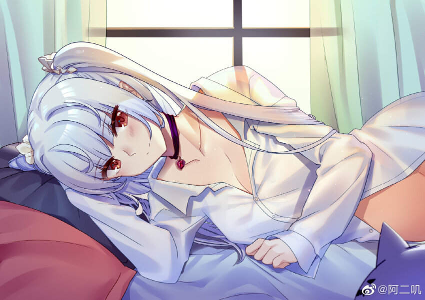 1girl aer_(tengqiu) blush breasts choker cleavage closed_mouth collarbone curtains essex_(warship_girls_r) indoors long_hair long_sleeves looking_at_viewer lying medium_breasts naked_shirt navel on_bed on_side pillow red_eyes shirt smile solo two_side_up warship_girls_r watermark weibo_watermark white_shirt window