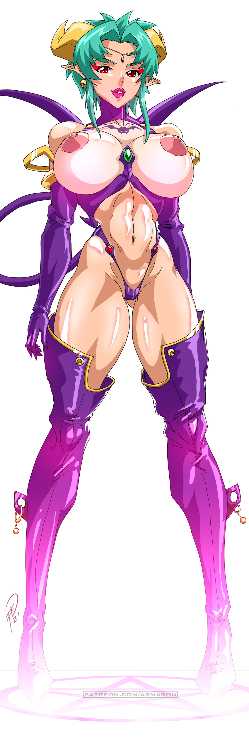 absurdres armaron_(artist) breast_cutout breasts carrera clothing_cutout demon_girl demon_horns demon_tail full_body functionally_nude highres horns huge_breasts incredibly_absurdres large_breasts looking_at_viewer magic_circle nipples revealing_clothes tail viper_(series) viper_gts wide_hips