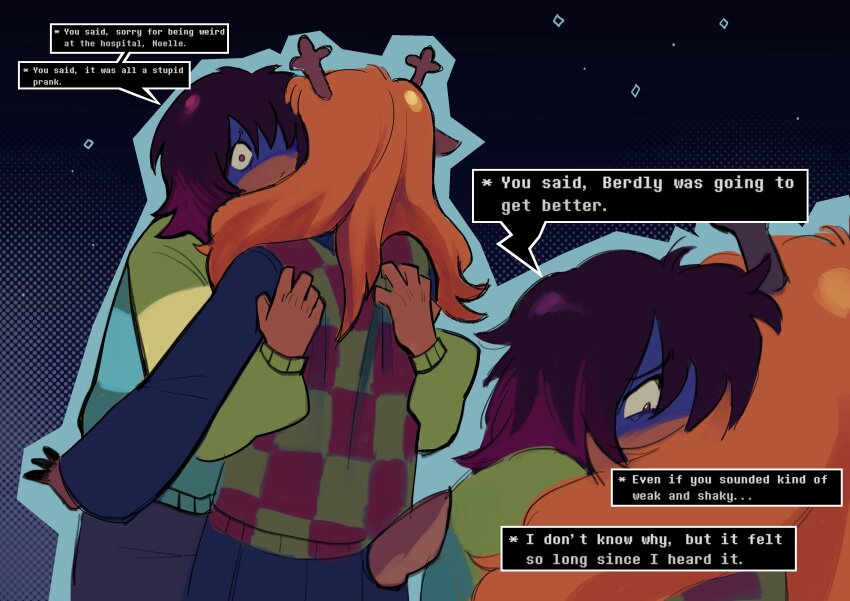 1girl 1other absurdres animal_ears antlers apologizing back black_skirt blonde_hair brown_hair checkered_clothes checkered_sweater_vest checkered_vest clothes_grab comforting crying crying_with_eyes_open deer_antlers deer_ears deer_girl deer_tail deltarune furry furry_female green_sweater grey_pants halftone halftone_background highres horns hug kai_(timeroom9000) kris_(deltarune) long_hair medium_hair messy_hair night night_sky noelle_holiday orange_hair pants reindeer_girl scared shaded_face skirt sky spoilers star_(sky) starry_sky striped_clothes surprised sweater tail tearing_up tears vest wavy_hair weird_route_(deltarune) worried