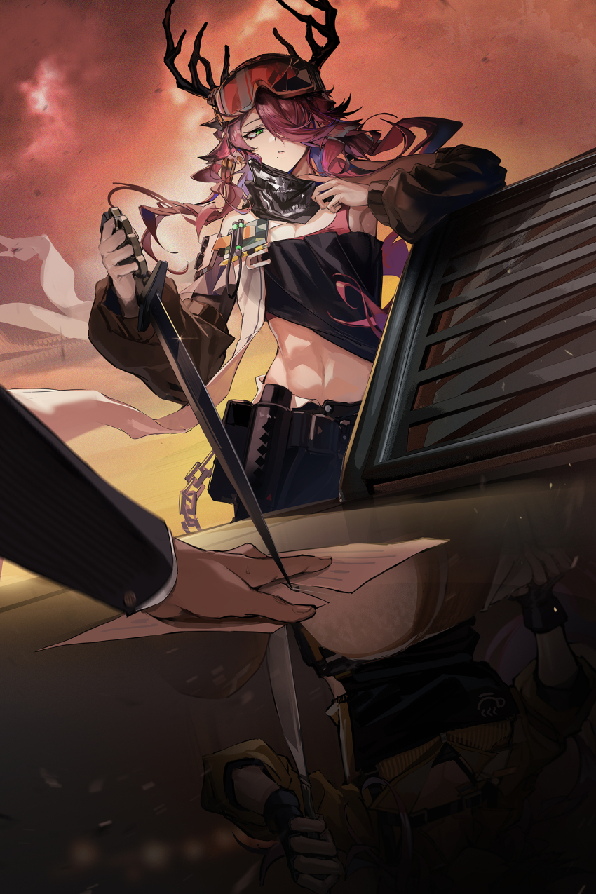 1boy 1girl arknights bare_shoulders black_skirt breasts coldshot_(arknights) coldshot_(dawnbreak)_(arknights) detached_sleeves goggles goggles_on_head green_eyes grin hair_over_one_eye highres holding holding_sword holding_weapon horns large_breasts long_hair looking_at_viewer mag_(mag42) midriff miniskirt mole mole_under_mouth official_alternate_costume parted_lips purple_hair scarf skirt smile sword weapon