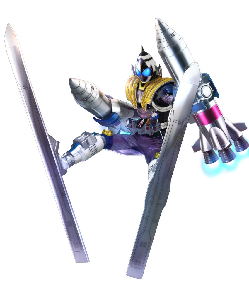 1boy alternate_costume astro_switch blue_eyes bodysuit rider_belt floating fourze_driver highres kamen_rider kamen_rider_fourze kamen_rider_fourze_(series) masukudo_(hamamoto_hikaru) meteor_nadeshiko_fusionstates meteor_switch nadeshiko_switch official_alternate_costume purple_bodysuit rider_belt rocket skis spread_legs tokusatsu white_background white_footwear