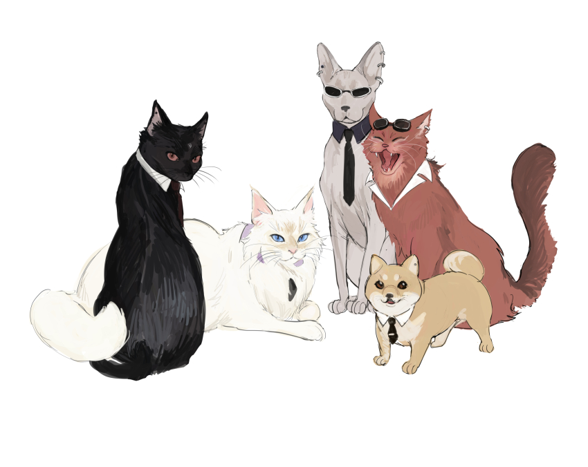 1girl 4boys :3 animal animal_ear_fluff animal_focus animalization black_cat blue_eyes cat chinese_commentary detached_collar dog earrings elena_(ff7) eyewear_on_head final_fantasy final_fantasy_vii final_fantasy_vii_remake fluff grey_cat hairless_cat highres jewelry multiple_boys necktie open_mouth orange_eyes red_cat reno_(ff7) rude_(ff7) rufus_shinra shou_rou sitting sunglasses teeth tseng turks_(ff7) whiskers white_cat yawning