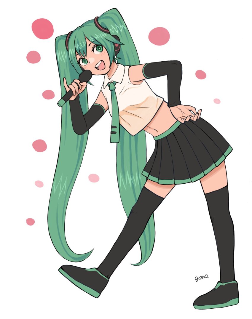 1girl :d aqua_eyes aqua_hair aqua_necktie aqua_trim artist_name black_shoes black_skirt black_sleeves black_thighhighs breasts collared_shirt crop_top cropped_shirt detached_sleeves full_body gan2 hand_on_own_hip hand_up hatsune_miku headphones highres holding holding_microphone long_hair long_sleeves medium_breasts microphone miniskirt navel necktie open_mouth pleated_skirt shirt shoes simple_background skirt smile solo square-end_necktie teeth thighhighs tie_clip twintails upper_teeth_only very_long_hair vocaloid white_background white_shirt zettai_ryouiki