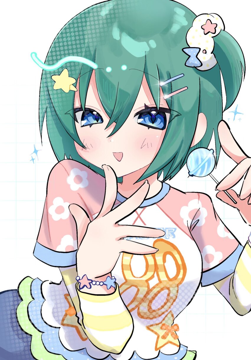 1girl blue_eyes blush bow bowtie bracelet breasts candy colored_stripes denim denim_shorts flower_symbol food four-pointed_star frills green_hair hair_ornament hair_tie happy heisei_retro highres holding holding_candy holding_food holding_lollipop iwasaki_minami jewelry jojifuku lollipop lucky_star number_print open_mouth pink_star ponytail ri11kg shining shirt short_hair short_ponytail shorts side_ponytail star_(symbol) star_bracelet star_hair_ornament striped_sleeves white_background x yellow_star
