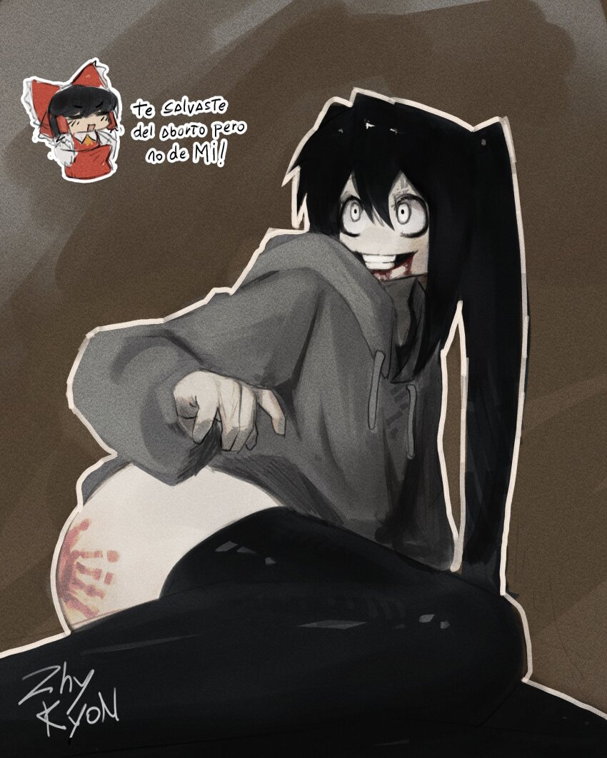 2girls absurdres alternate_costume ass black_hair black_thighhighs blood blood_on_face bow bulge chibi cosplay erection erection_under_clothes frilled_bow frills grey_hoodie hair_bow hair_tubes hakurei_reimu handprint hatsune_miku highres hood hoodie jeff_the_killer jeff_the_killer_(cosplay) multiple_girls nagilamagykalz pale_skin red_skirt skirt slap_mark spanish_text spanked teeth thighhighs touhou translation_request twintails vocaloid white_eyes