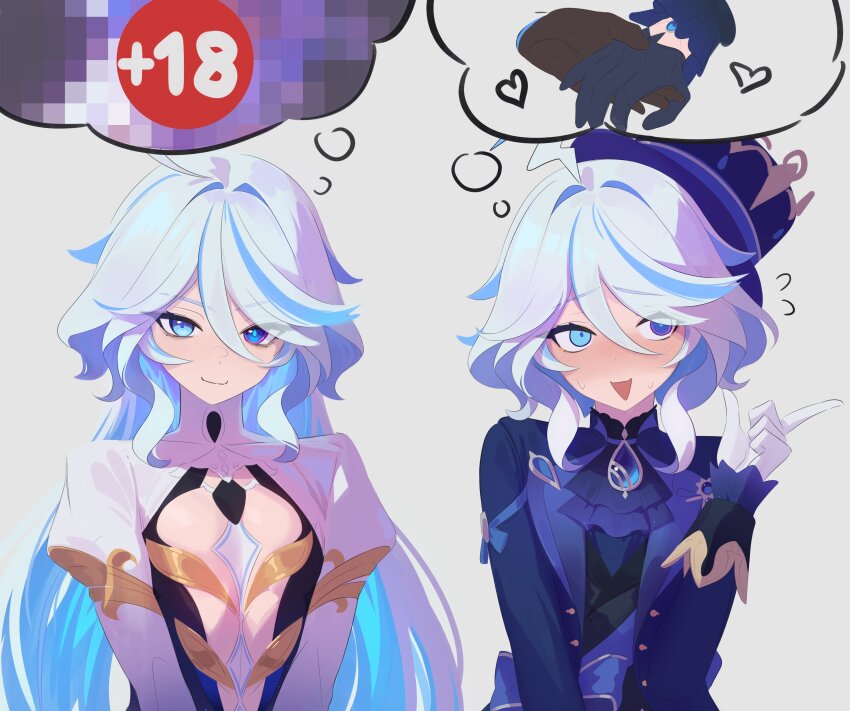 2girls absurdres ahoge anonds31 ascot black_shirt blue_dress blue_eyes blue_hair blue_hat blue_jacket blush brooch censored center_opening commentary dress drop-shaped_pupils english_commentary english_text flat_chest focalors_(genshin_impact) furina_(genshin_impact) genshin_impact gloves hat heterochromia highres holding_hands index_finger_raised jacket jewelry juliet_sleeves light_smile long_hair long_sleeves looking_at_viewer looking_to_the_side lowered_eyelids mini_hat mini_top_hat mosaic_censoring multicolored_hair multiple_girls nervous open_clothes open_jacket open_mouth ouji_fashion puffy_sleeves sash shirt short_hair smile speech_bubble streaked_hair symbol-shaped_pupils thought_bubble top_hat v_arms white_background white_hair