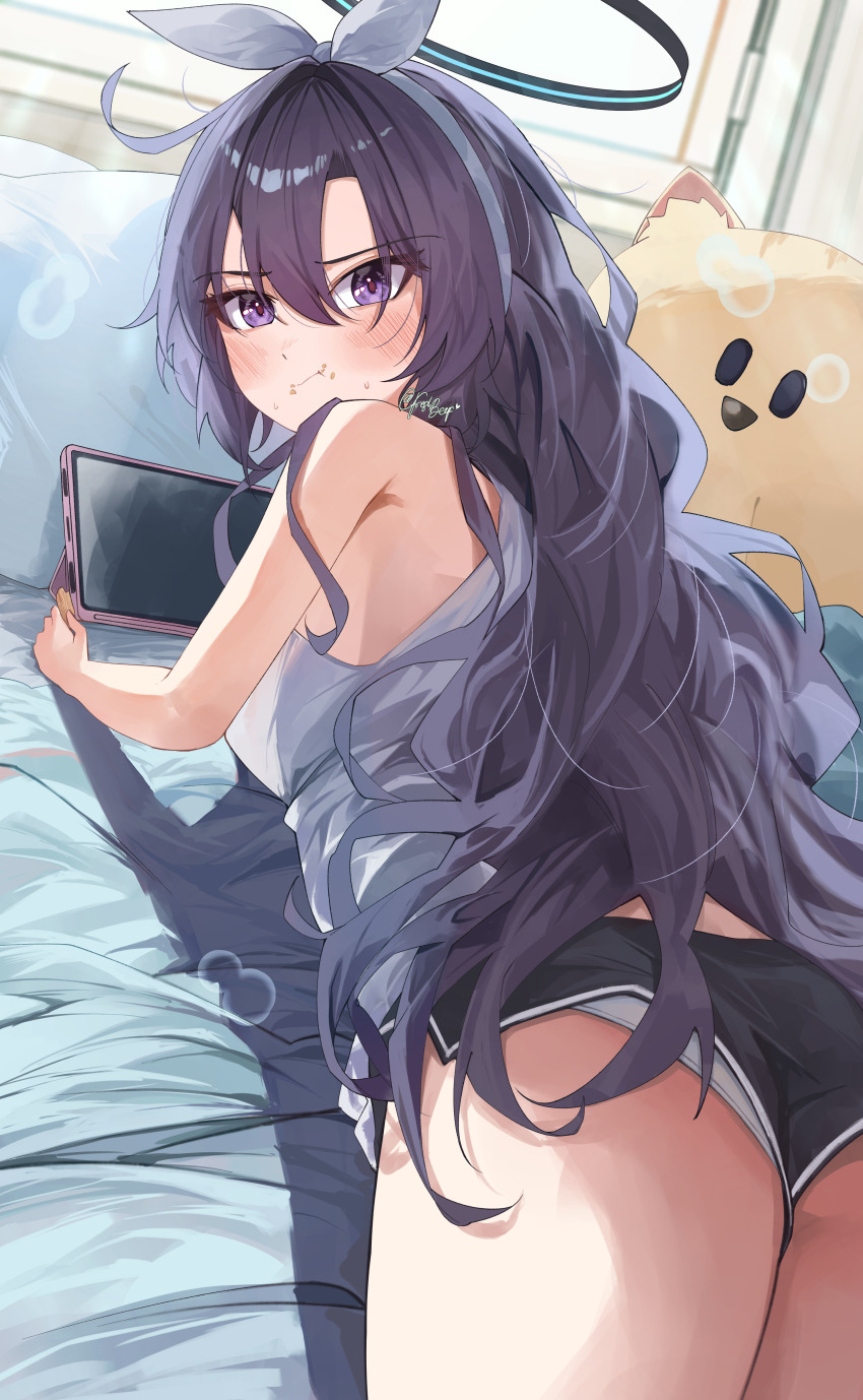 1girl :t absurdres alternate_costume ass black_halo black_shorts blue_archive blush bow camisole casual chips_(food) closed_mouth commentary cowboy_shot day dolphin_shorts dutch_angle eating english_commentary eyelashes eyes_visible_through_hair flower food food_on_face freshbeef from_behind hair_between_eyes hair_bow hair_down hair_flower hair_intakes hair_ornament hairband halo highres indoors long_hair looking_at_viewer looking_back lying mechanical_halo on_bed on_stomach panties panty_peek potato_chips purple_eyes purple_hair relaxing shorts single_bare_shoulder solo stuffed_animal stuffed_toy tablet_pc thighs tsurime underwear very_long_hair white_bow white_camisole white_hairband white_panties window yuuka_(blue_archive)