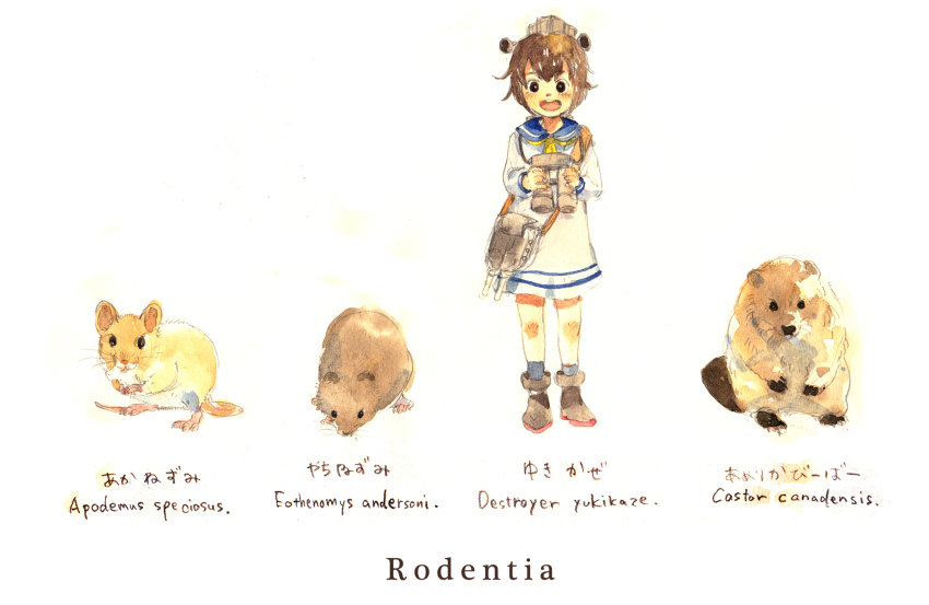 1girl beaver binoculars blue_sailor_collar blush commentary_request dress gogo/tad hamster highres holding holding_binoculars kantai_collection latin_text looking_at_viewer mixed-language_text neckerchief open_mouth rigging sailor_collar ship_turret short_hair simple_background solo speaking_tube_headset standing white_background white_dress yellow_neckerchief yukikaze_(kancolle)