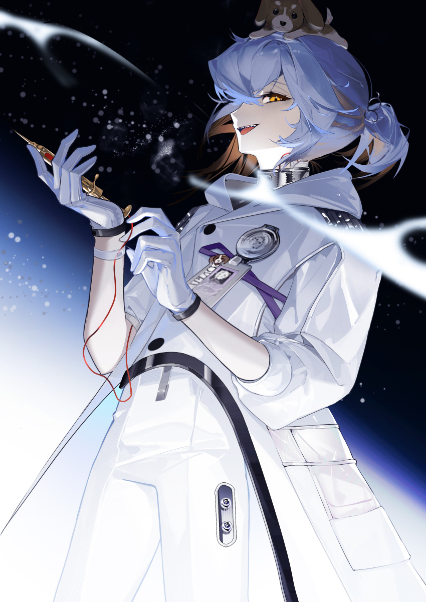 1other :d absurdres androgynous animal animal_on_head beagle black_background coat cowboy_shot dog gloves gradient_background grey_hair hand_up highres holding holding_syringe hood hooded_coat id_card looking_at_viewer looking_to_the_side lumos medicine_pocket on_head open_mouth pants ponytail profile reverse:1999 sharp_teeth short_hair three-quarter_sleeves smile solo syringe teeth white_background white_coat white_gloves white_pants yellow_eyes