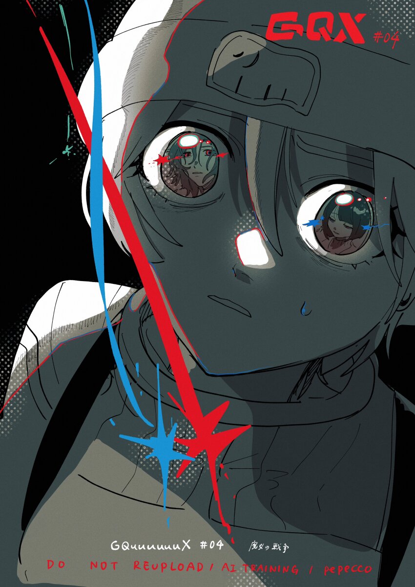 1boy 2girls absurdres amate_yuzuriha artist_name beanie bob_cut bodysuit breasts commentary_request english_text episode_number gundam gundam_gquuuuuux hair_between_eyes hat highres mecha_pilot_suit mixed-language_text monochrome multiple_girls newtype_flash normal_suit_(gundam) open_mouth pepeco red_eyes science_fiction shiiko_sugai shirt short_hair shuji_ito spoilers spot_color teardrop turtleneck zooming_in