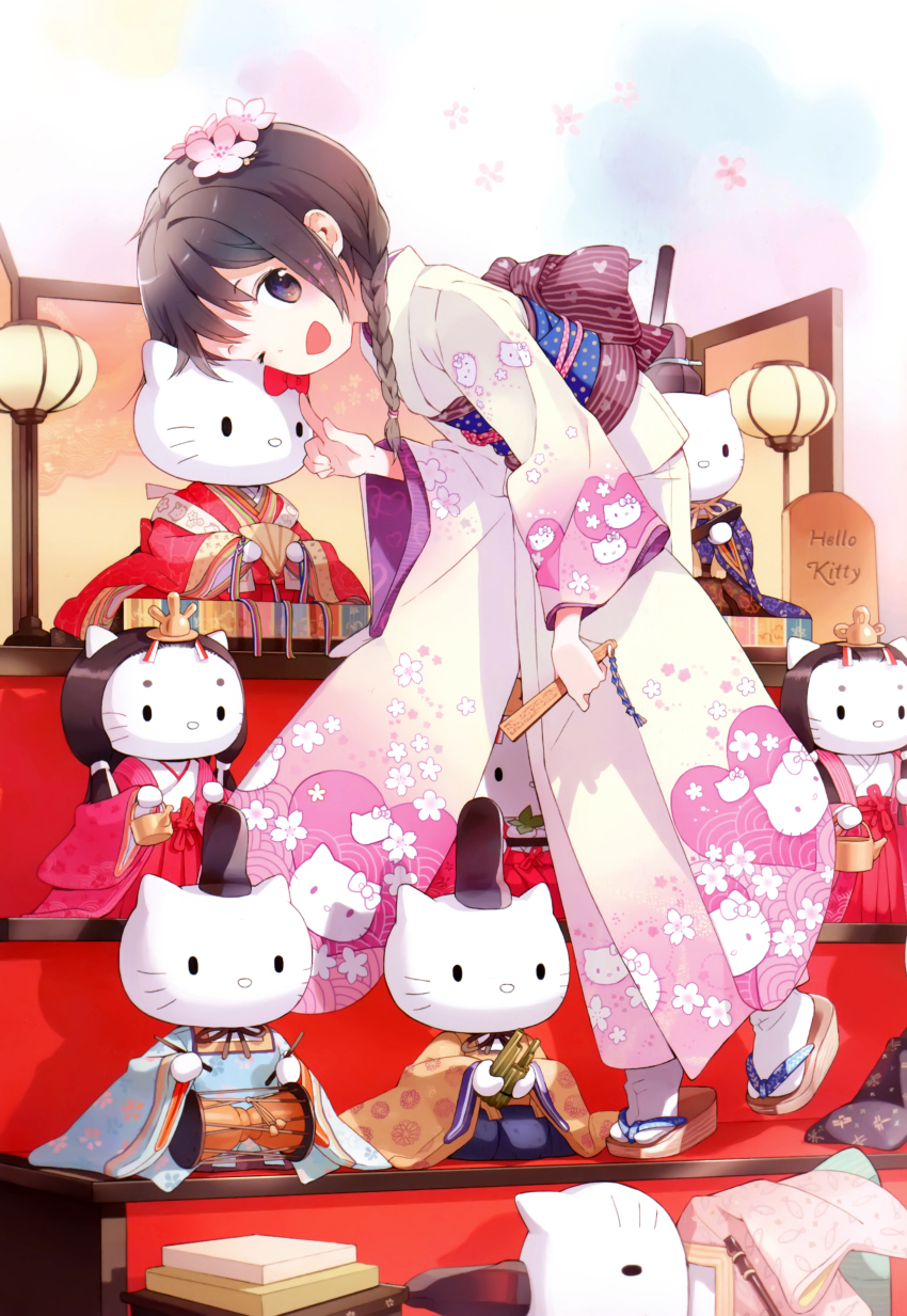 1girl absurdres doll female_focus flower hair_flower hair_ornament hello_kitty highres japanese_clothes kimono one_eye_closed sanrio seigaiha smile solo tiv wink