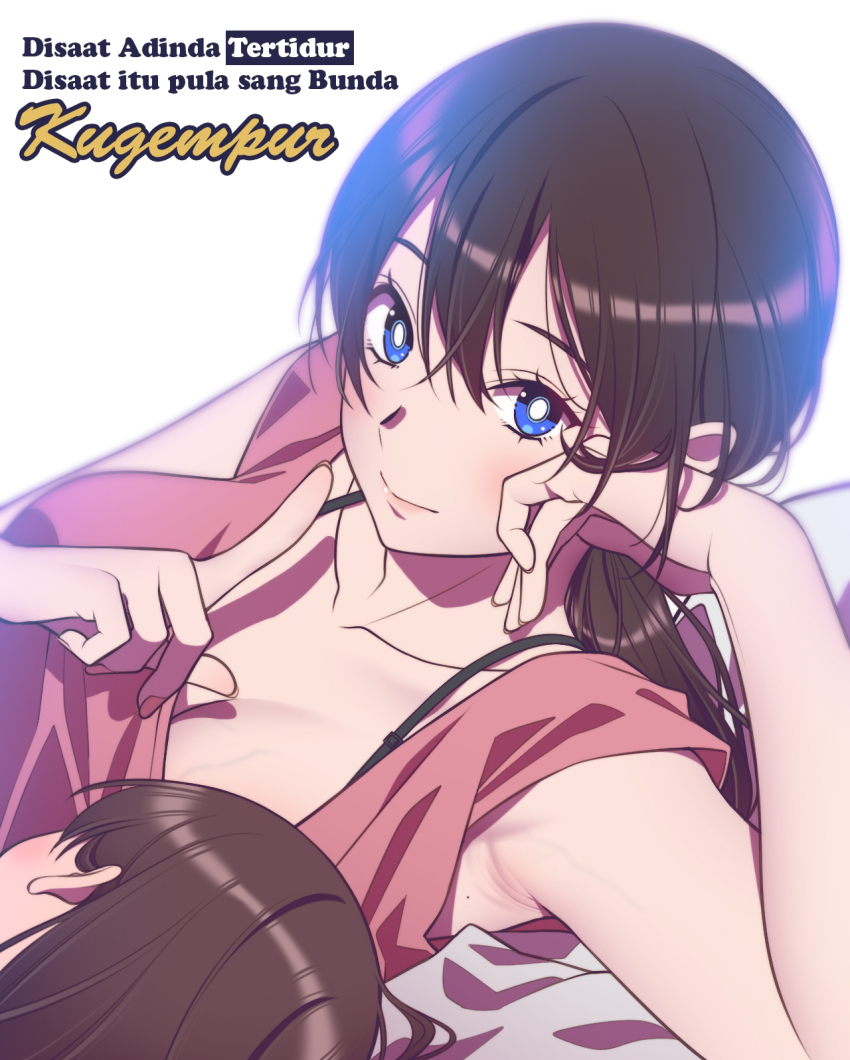 2girls andrian_januar_adilia armpits bed_sheet blue_eyes breasts brown_hair check_translation cleavage closed_mouth collarbone commentary commentary_request english_commentary finger_to_mouth hair_between_eyes head_rest highres indonesian_text long_hair looking_at_viewer lying medium_breasts mixed-language_commentary mother_and_daughter multiple_girls original pink_shirt shirt shushing sidelocks solo_focus sundanese_commentary translation_request white_background